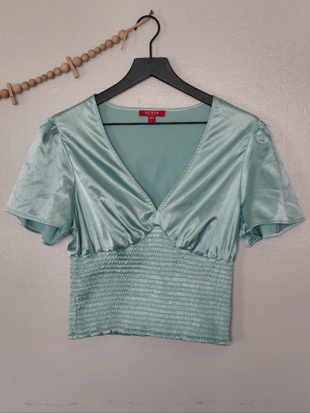 Guess Satin Angelic Smocked V-Neck Crop Top Blouse Size L NWOT